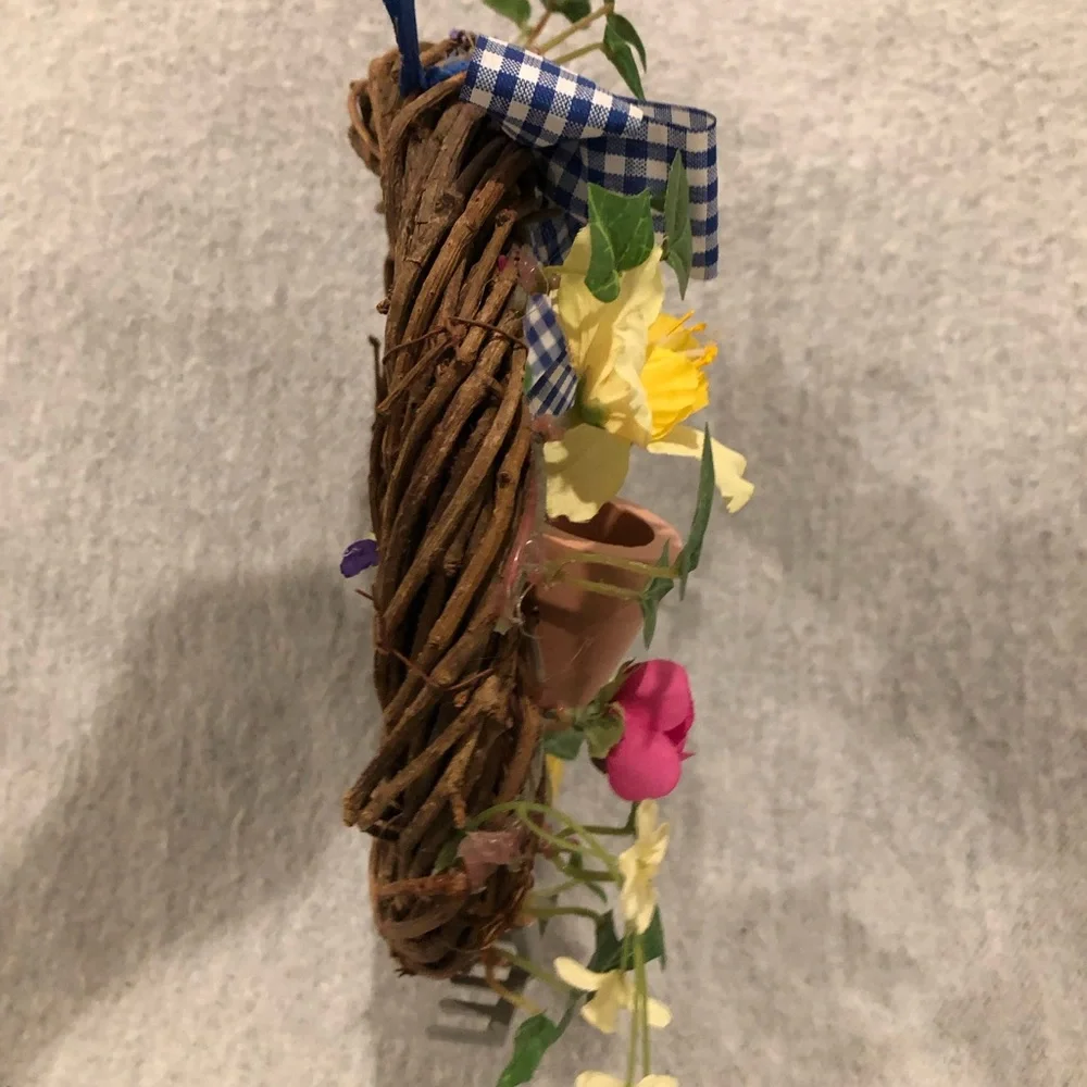 NWOT - Colorful Floral Garden Wreath with Gingham Bow